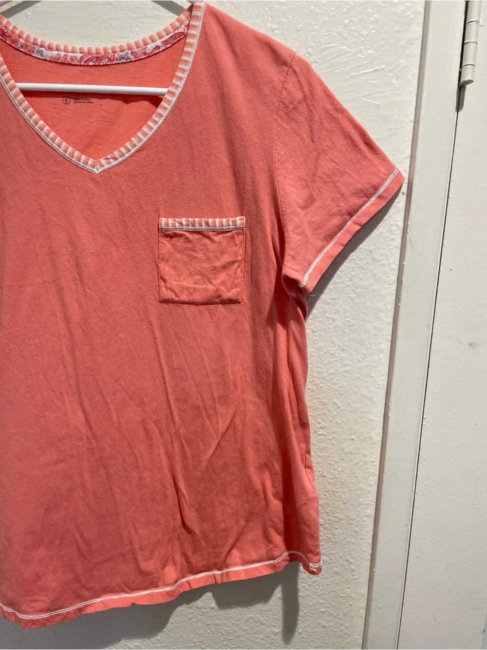 🌸 Carole Hochman Coral Pink Striped Trim V-Neck Pajama Top L 🌸